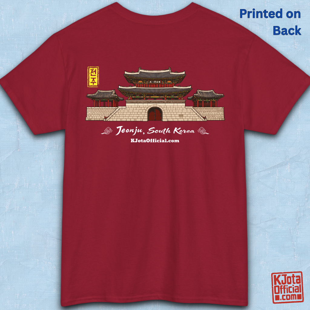 Jeonjuseong2 Fortress Pungnammun Gate graphic on red t-shirt backside flatlay. Korea travel t-shirt handcrafted design by K-Jota
