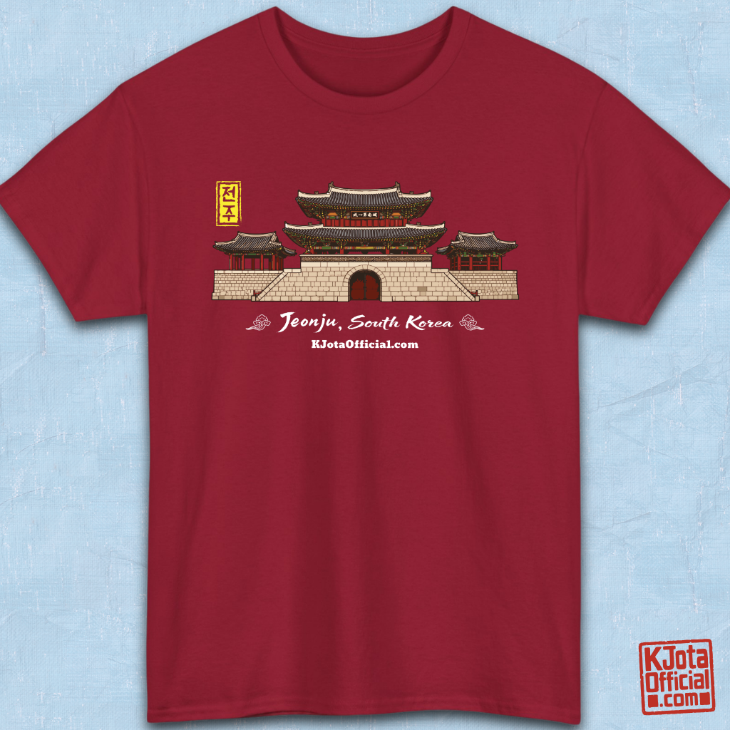 Jeonjuseong2 Fortress Pungnammun Gate graphic on red t-shirt flatlay. Korea travel t-shirt handcrafted design by K-Jota