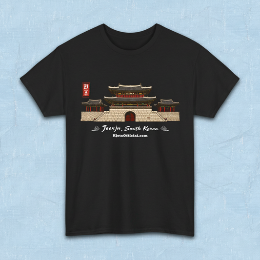 Jeonjuseong2 Fortress Pungnammun Gate graphic t-shirt in black, flat lay product photo — Jeonju South Korea handcrafted design by Kjota