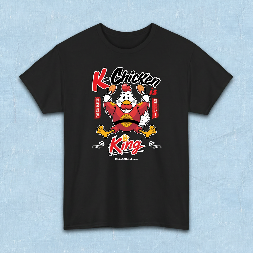 K-Chicken is King graphic t-shirt in black featuring a Korean fried chicken mascot wearing red royal robes holding fried chicken drumsticks with Hangeul text by Kjota