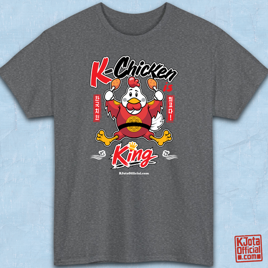 K-Chicken is King graphic t-shirt flatlay by K-Jota in gray featuring a Korean fried chicken mascot wearing a red royal robe holding fried chicken drumsticks with Hangeul text