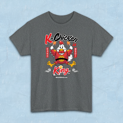 K-Chicken is King graphic t-shirt in gray featuring a Korean fried chicken mascot wearing red royal robes holding fried chicken drumsticks with Hangeul text by Kjota