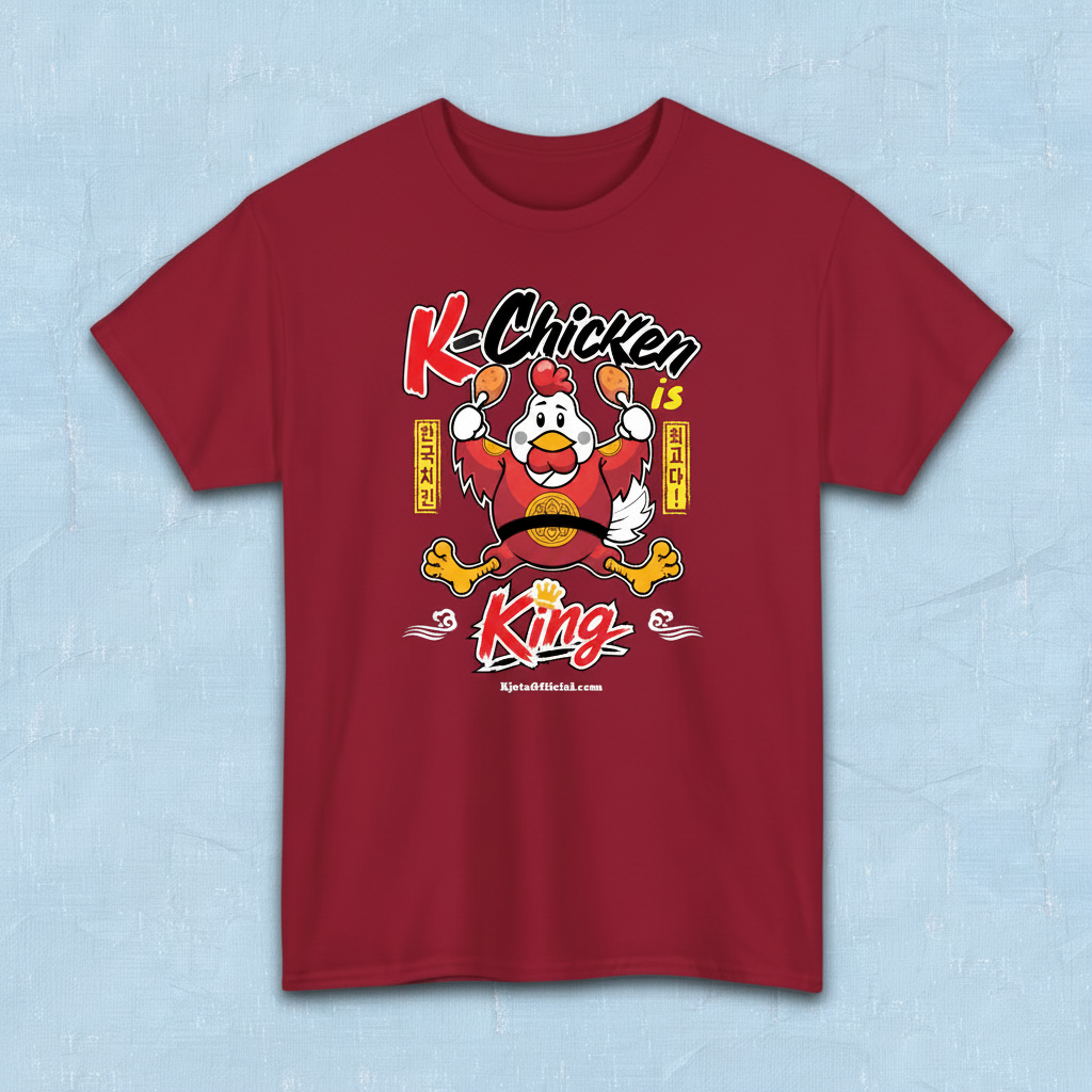K-Chicken is King graphic t-shirt in red featuring a Korean fried chicken mascot wearing red royal robes holding fried chicken drumsticks with Hangeul text by Kjota
