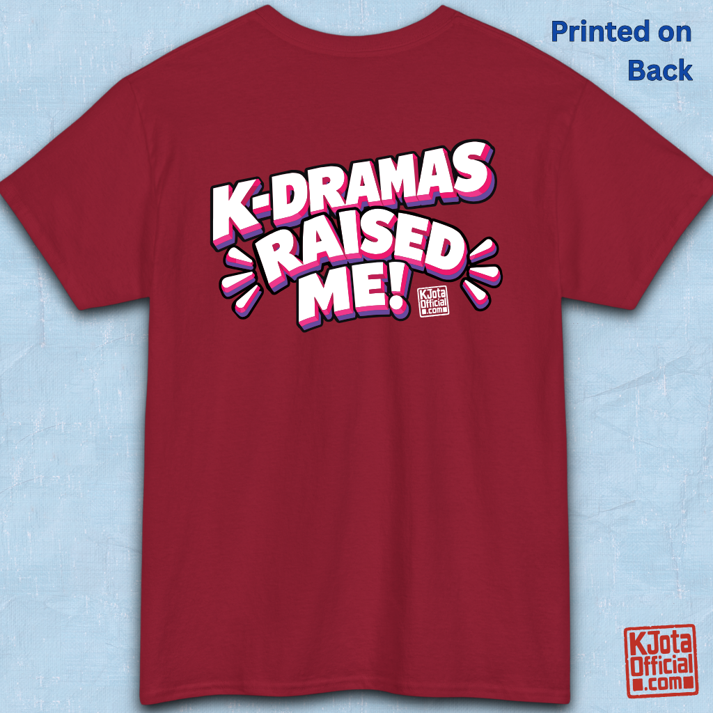 'K-dramas raised me' text on a red t-shirt backside flatlay by K-Jota for Korean show life lesson fans