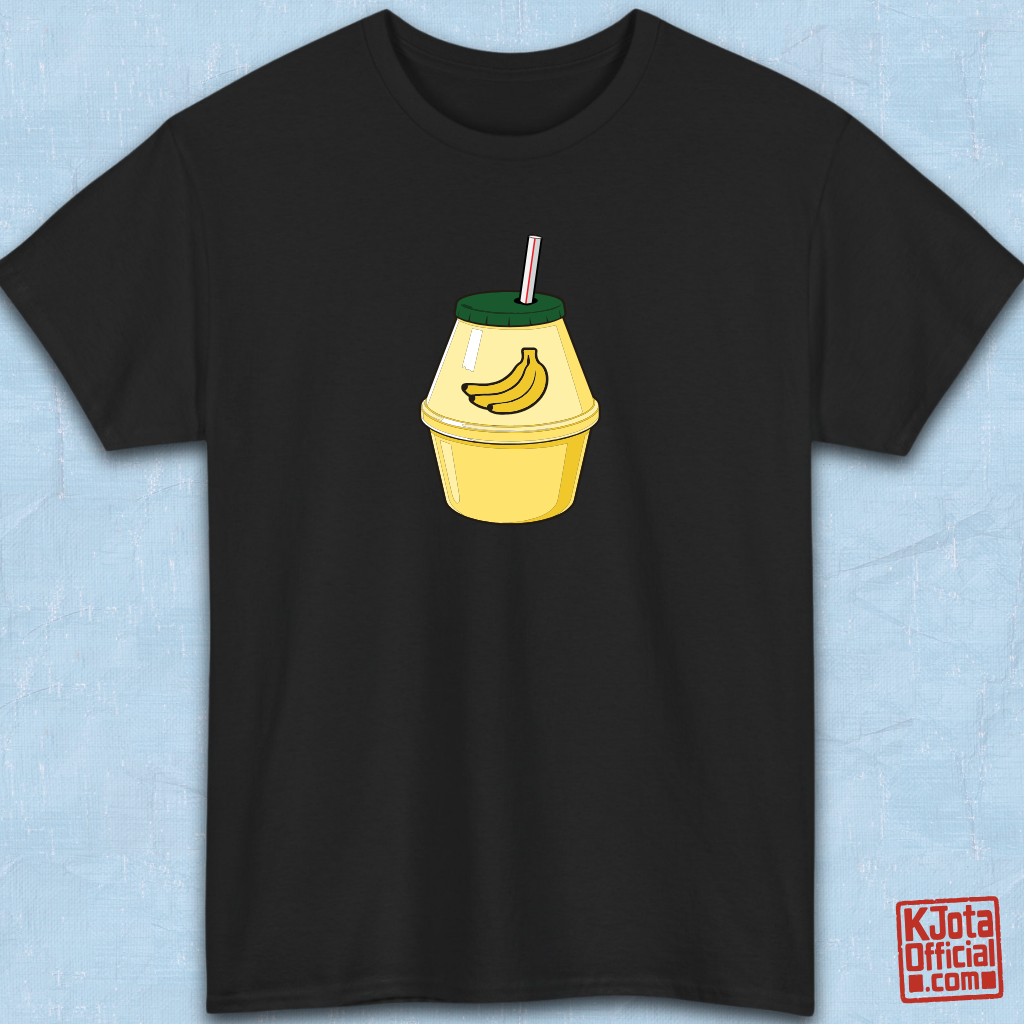 A cartoon illustration of iconic Korean banana milk on black t-shirt overlay by K-Jota