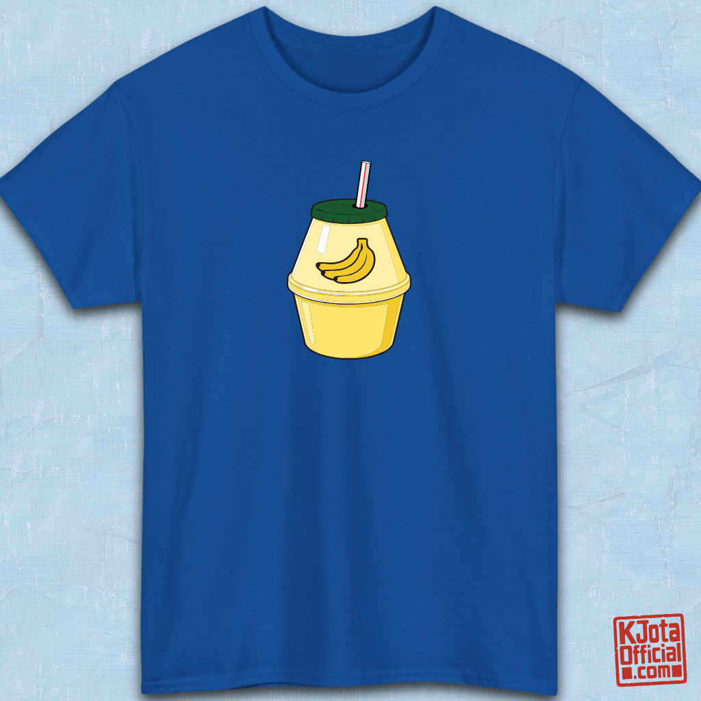 A cartoon illustration of iconic Korean banana milk on blue t-shirt overlay by K-Jota