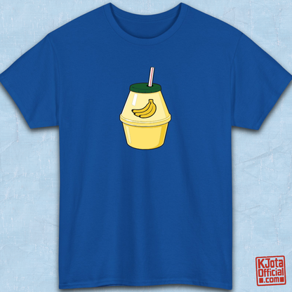 A cartoon illustration of iconic Korean banana milk on blue t-shirt overlay by K-Jota