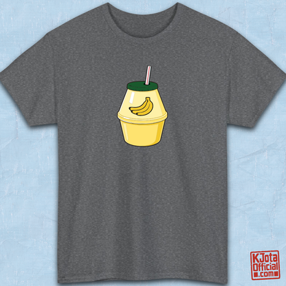 A cartoon illustration of iconic Korean banana milk on gray t-shirt overlay by K-Jota