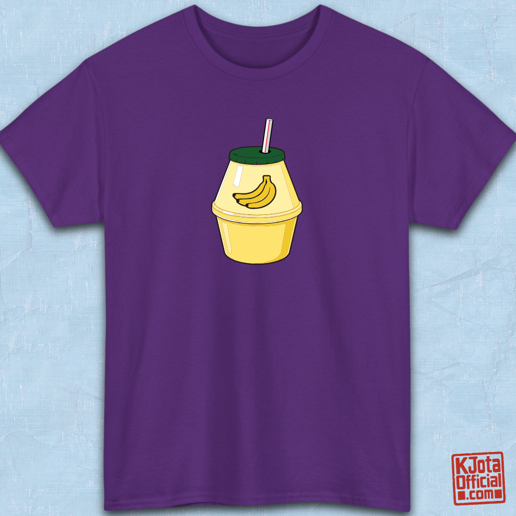 A cartoon illustration of iconic Korean banana milk on purple t-shirt overlay by K-Jota