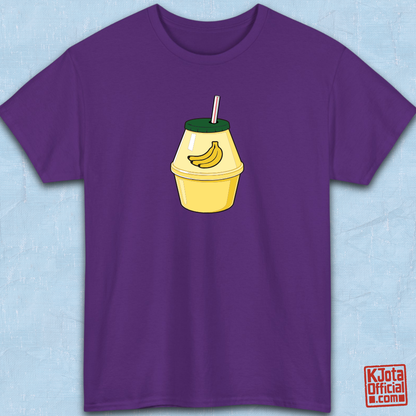 A cartoon illustration of iconic Korean banana milk on purple t-shirt overlay by K-Jota