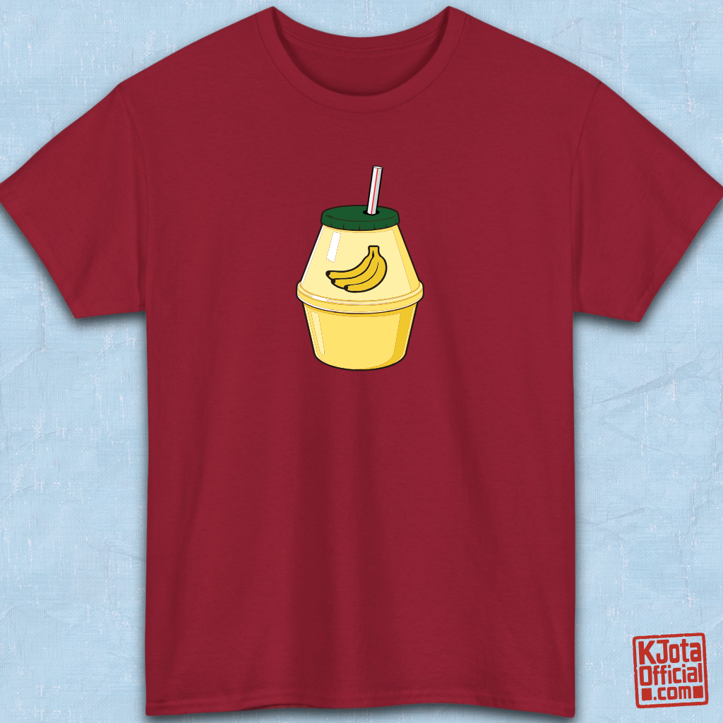 A cartoon illustration of iconic Korean banana milk on red t-shirt overlay by K-Jota