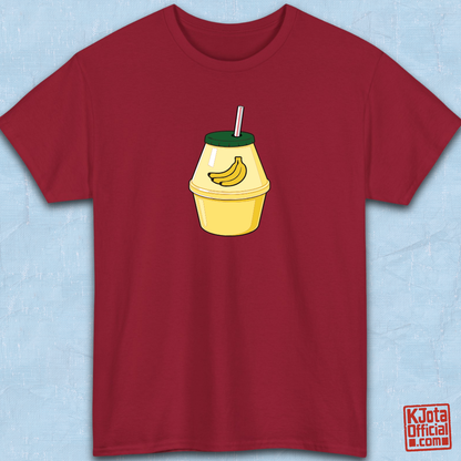 A cartoon illustration of iconic Korean banana milk on red t-shirt overlay by K-Jota