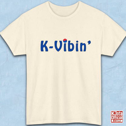 “K-Vibin’” printed on front of beige t-shirt South Korea pop culture hallyu fandom love by K-Jota