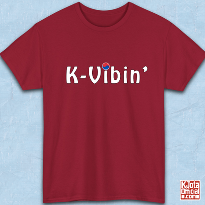 “K-Vibin’” printed on front of red t-shirt South Korea pop culture hallyu fandom love by K-Jota