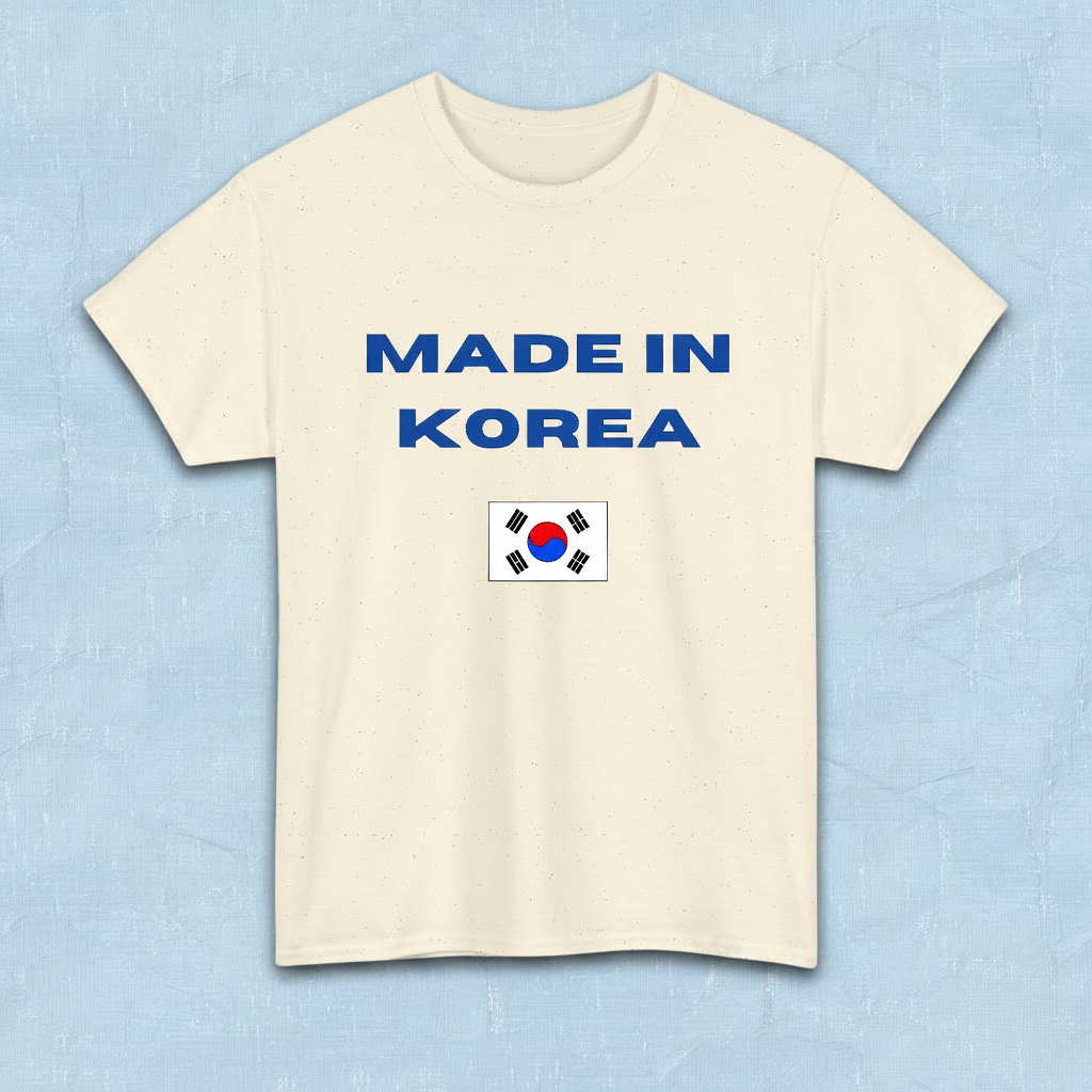 beige t-shirt with “Made in Korea” text and South Korean flag, K-fandom apparel by Kjota