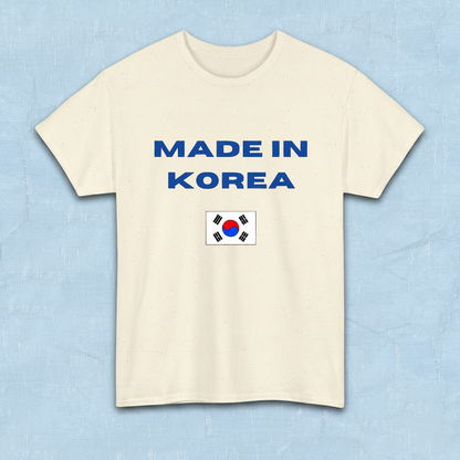 beige t-shirt with “Made in Korea” text and South Korean flag, K-fandom apparel by Kjota