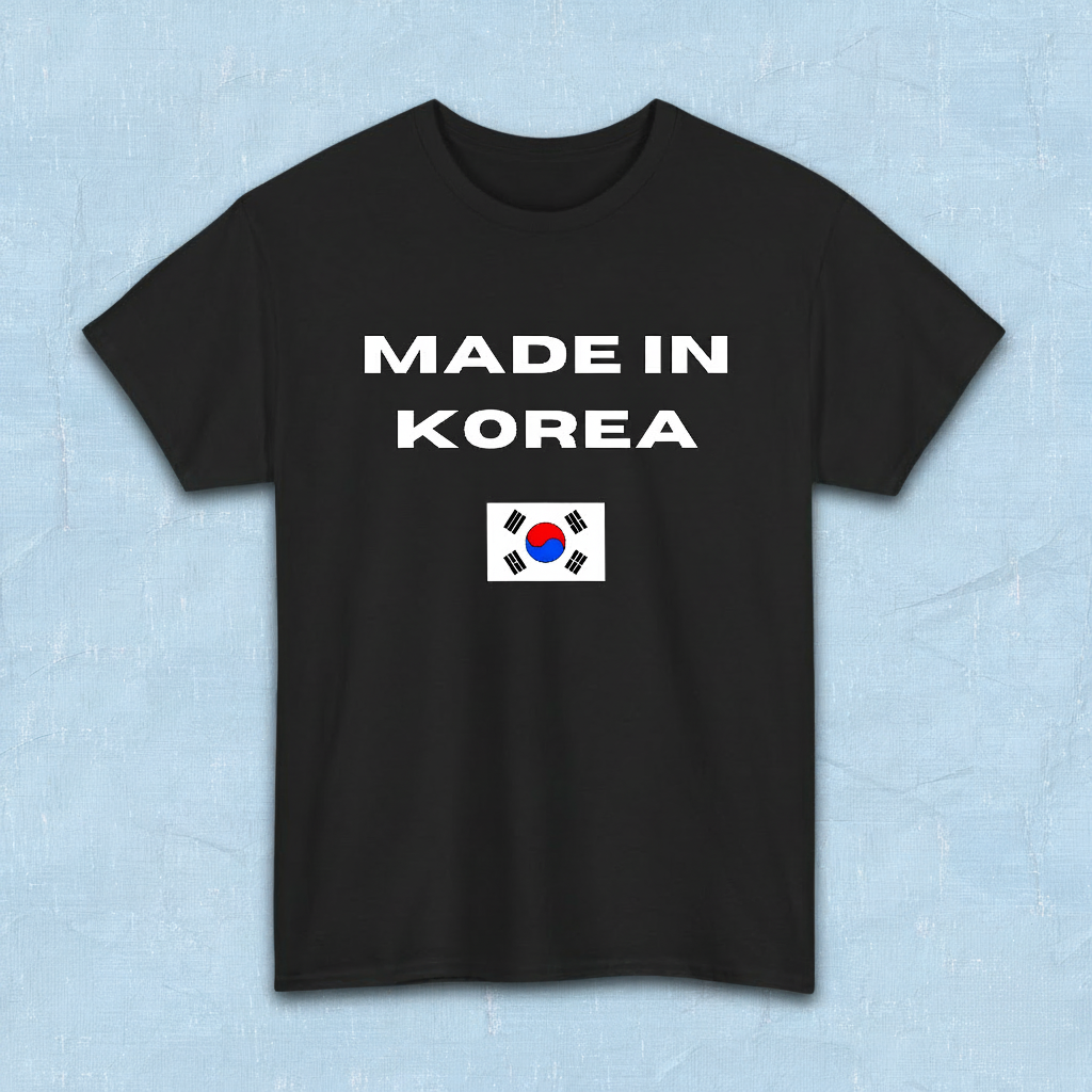 black t-shirt with “Made in Korea” text and South Korean flag, K-fandom apparel by Kjota