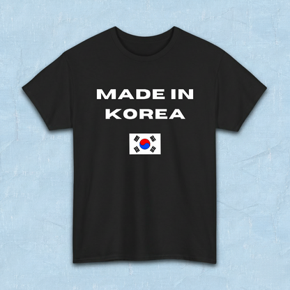 black t-shirt with “Made in Korea” text and South Korean flag, K-fandom apparel by Kjota