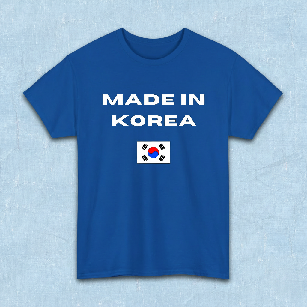 blue t-shirt with “Made in Korea” text and South Korean flag, K-fandom apparel by Kjota