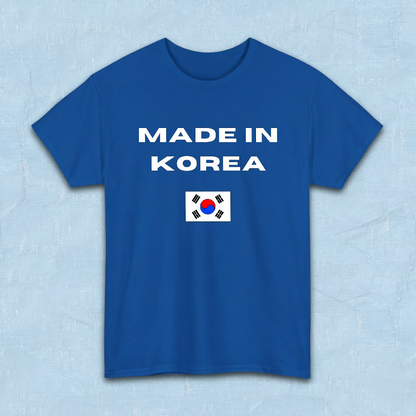 blue t-shirt with “Made in Korea” text and South Korean flag, K-fandom apparel by Kjota