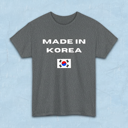 gray t-shirt with “Made in Korea” text and South Korean flag, K-fandom apparel by Kjota