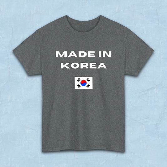 gray t-shirt with “Made in Korea” text and South Korean flag, K-fandom apparel by Kjota