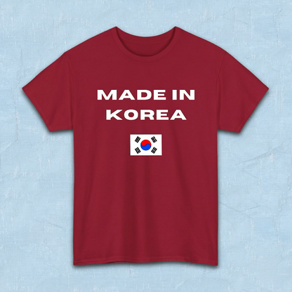 red t-shirt with “Made in Korea” text and South Korean flag, K-fandom apparel by Kjota