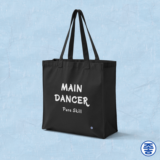 Main dancer K-pop fan black canvas tote bag for photocard trading events by Kjota