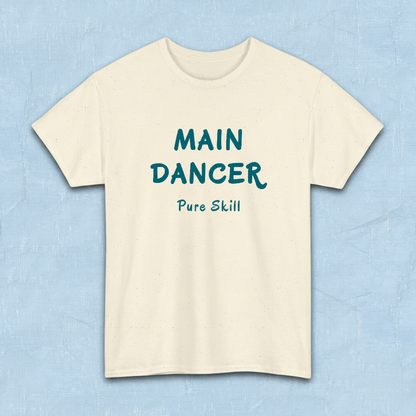 K-pop group member role fan beige t-shirt with “Main dancer Pure Skill” printed on front. Flatlay by Kjota