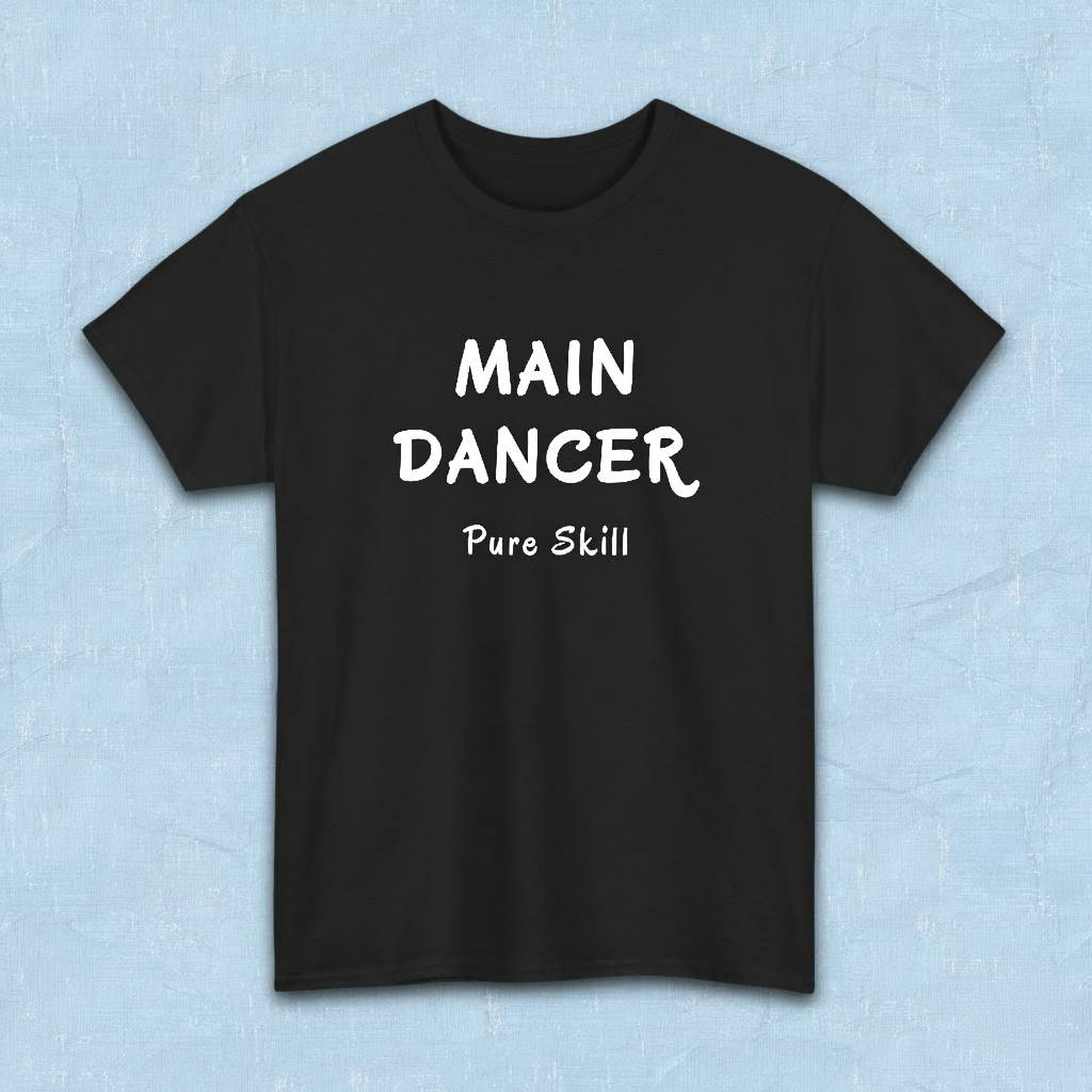 K-pop group member role fan black t-shirt with “Main dancer Pure Skill” printed on front. Flatlay by Kjota