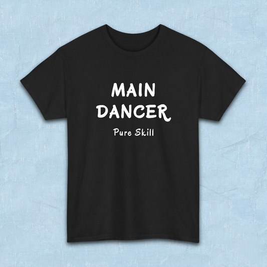 K-pop group member role fan black t-shirt with “Main dancer Pure Skill” printed on front. Flatlay by Kjota