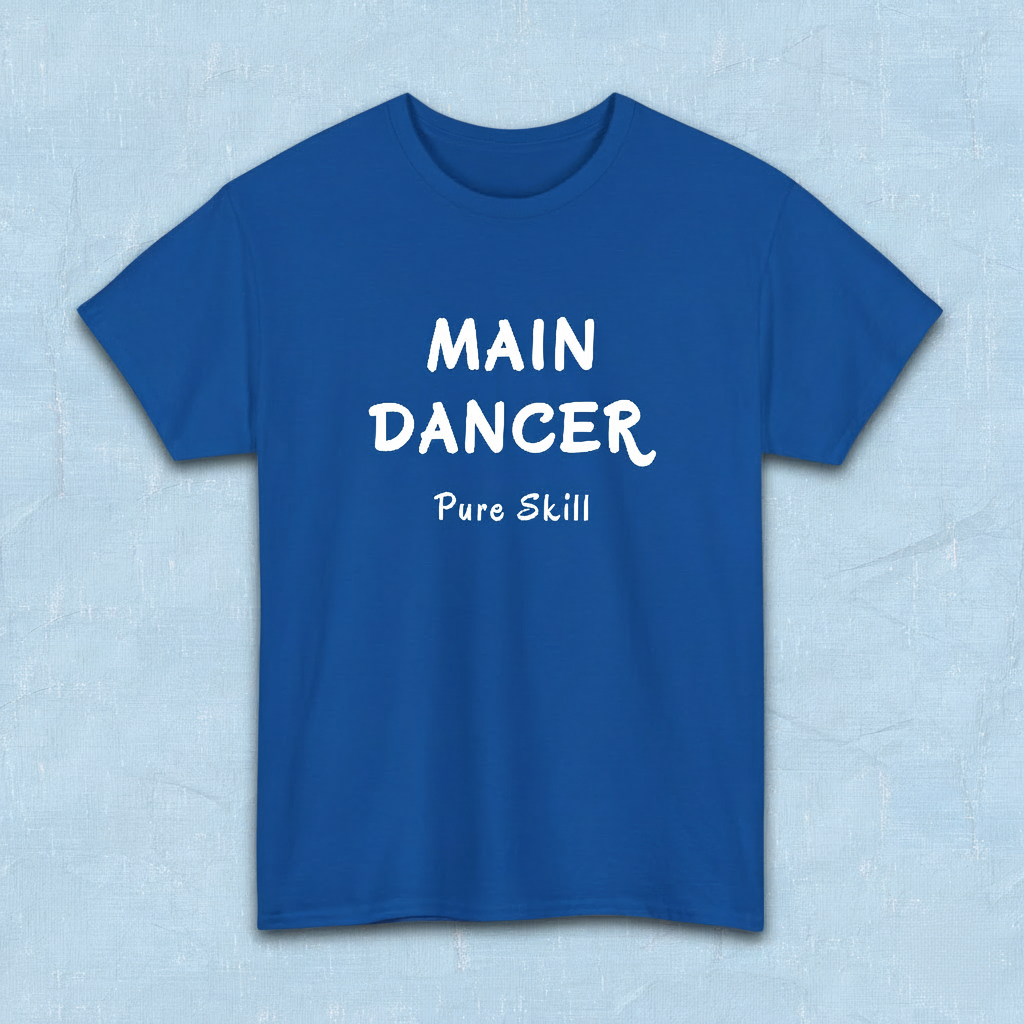 K-pop group member role fan blue t-shirt with “Main dancer Pure Skill” printed on front. Flatlay by Kjota