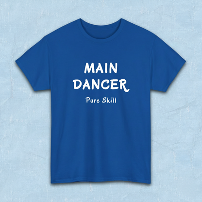 K-pop group member role fan blue t-shirt with “Main dancer Pure Skill” printed on front. Flatlay by Kjota