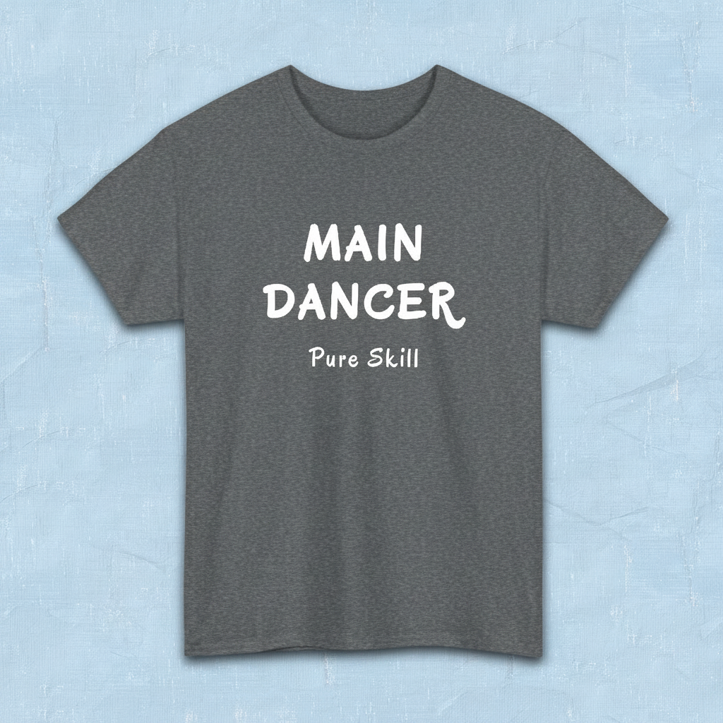 
K-pop group member role fan gray t-shirt with “Main dancer Pure Skill” printed on front. Flatlay by Kjota
