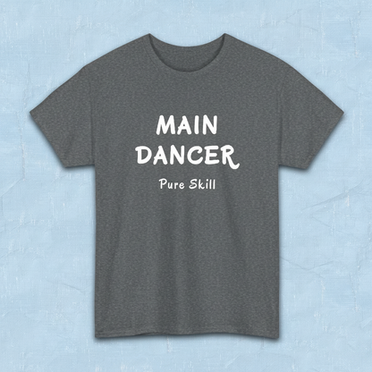 
K-pop group member role fan gray t-shirt with “Main dancer Pure Skill” printed on front. Flatlay by Kjota