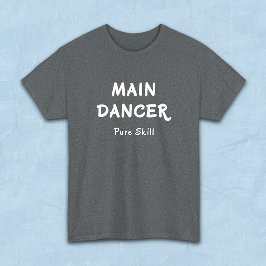 
K-pop group member role fan gray t-shirt with “Main dancer Pure Skill” printed on front. Flatlay by Kjota