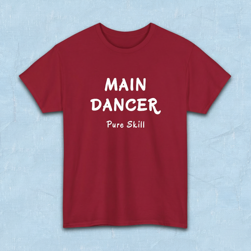 K-pop group member role fan red t-shirt with “Main dancer Pure Skill” printed on front. Flatlay by Kjota