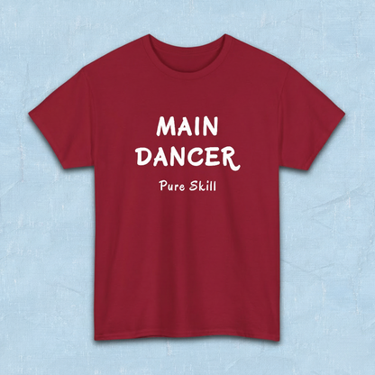 K-pop group member role fan red t-shirt with “Main dancer Pure Skill” printed on front. Flatlay by Kjota