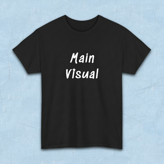 flatlay photo of “Main Visual” printed on a black t-shirt by Kjota, K-pop group member role for K-pop fans