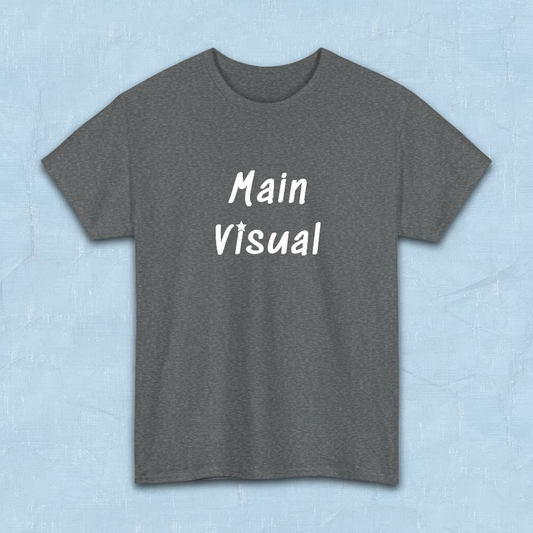 flatlay photo of “Main Visual” printed on a gray t-shirt by Kjota, K-pop group member role for K-pop fans