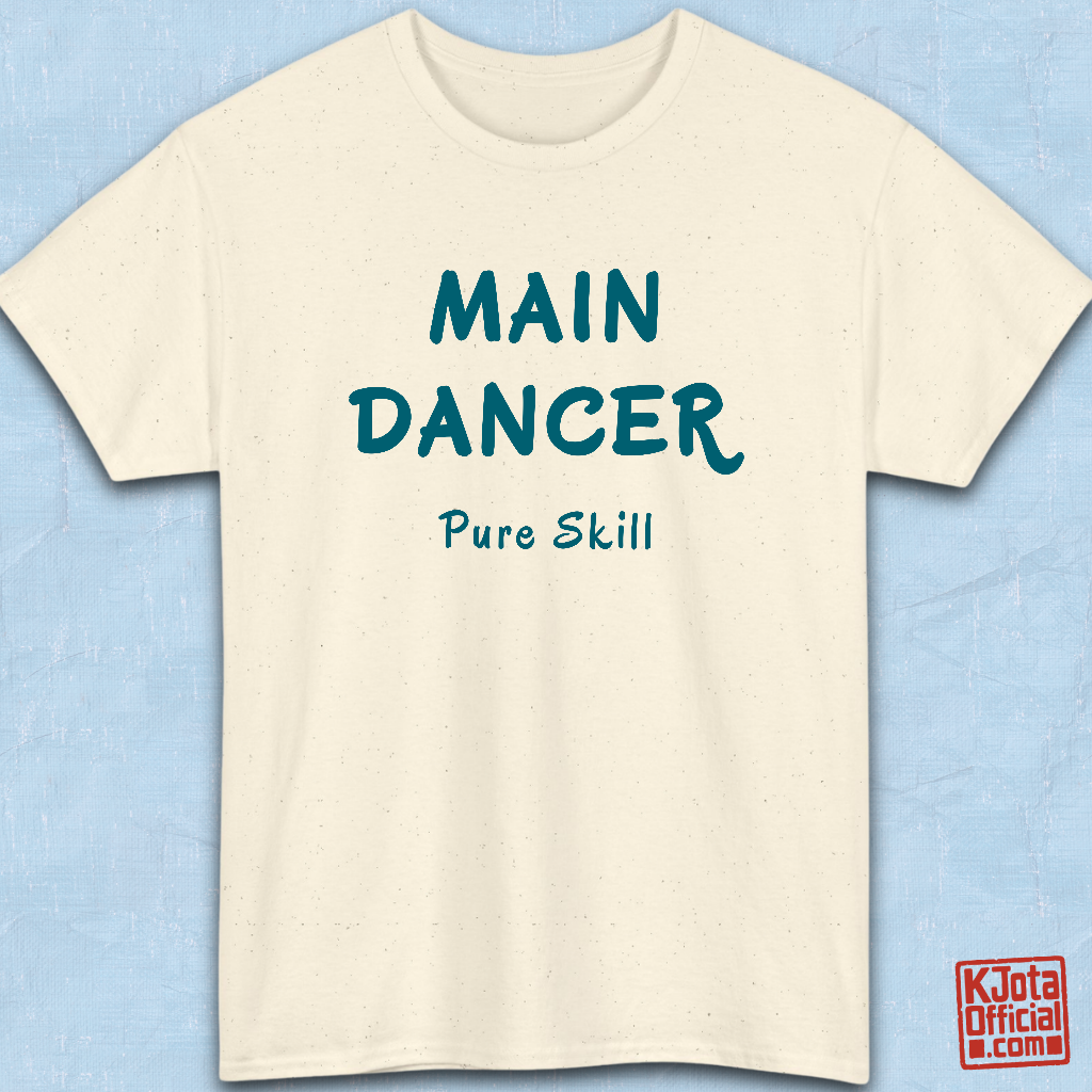 K-pop group member role t-shirt with “Main Dancer Pure Skill” printed on front. Beige tee flatlay by K-Jota