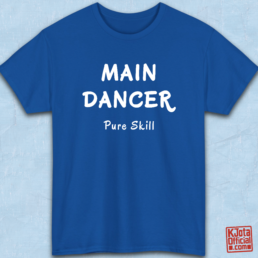 K-pop group member role t-shirt with “Main Dancer Pure Skill” printed on front. Blue tee flatlay by K-Jota