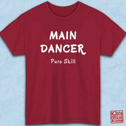 K-pop group member role t-shirt with “Main Dancer Pure Skill” printed on front. Red tee flatlay by K-Jota