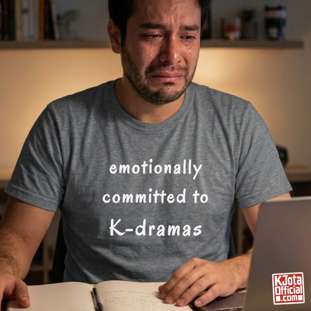 male fan wearing “Emotionally Committed to K-dramas” printed on front of tee, Korean show fans binge watching outfit gray t-shirt by K-Jota