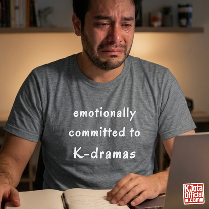 male fan wearing “Emotionally Committed to K-dramas” printed on front of tee, Korean show fans binge watching outfit gray t-shirt by K-Jota