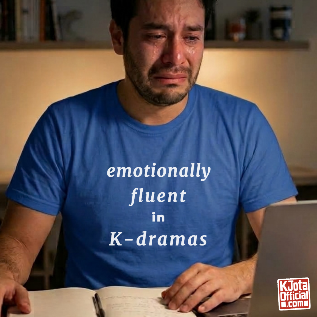 female fan wearing “emotionally committed to K-dramas” printed on front of tee, Korean show superfan identity binge watching outfit blue t-shirt by K-Jota