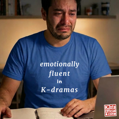 female fan wearing “emotionally committed to K-dramas” printed on front of tee, Korean show superfan identity binge watching outfit blue t-shirt by K-Jota