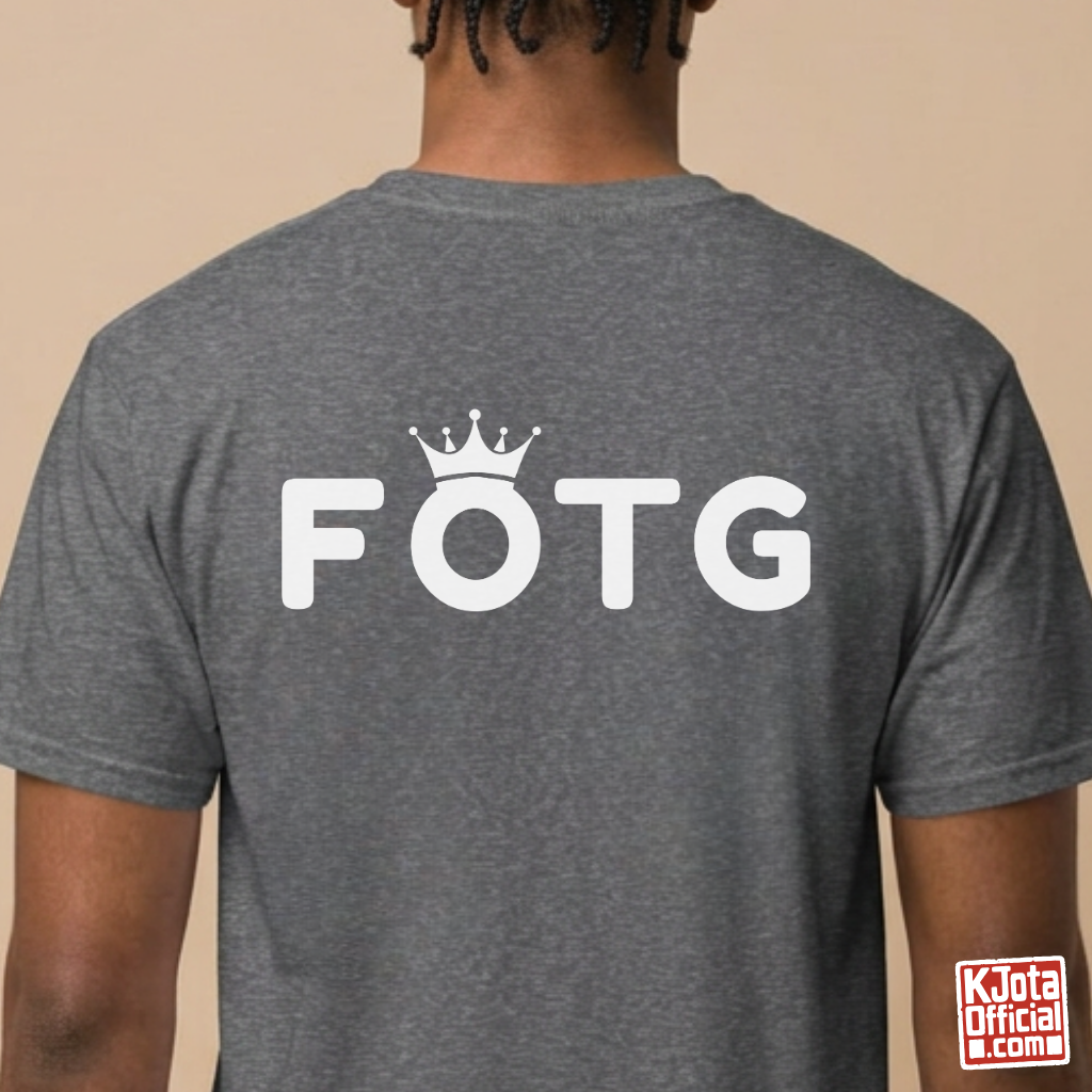Back of a man wearing FOTG Face of the Group K-Pop idol group member role bias t-shirt gray by K-Jota