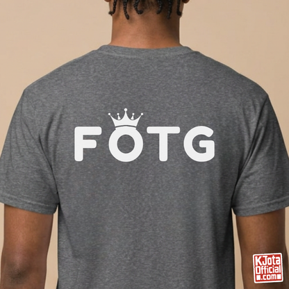 Back of a man wearing FOTG Face of the Group K-Pop idol group member role bias t-shirt gray by K-Jota