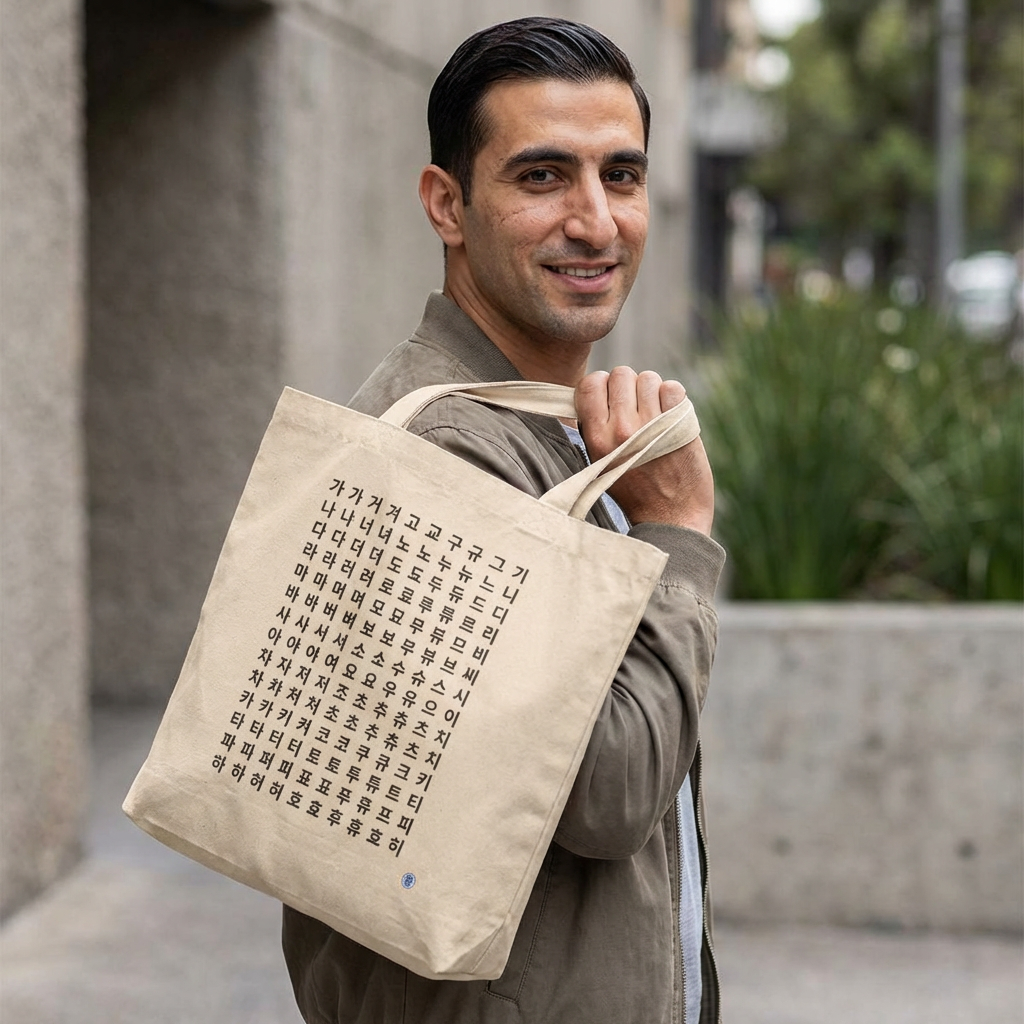 man holding Hangeul alphabet chart featuring Korean consonants and vowels on beige canvas tote bag by Kjota